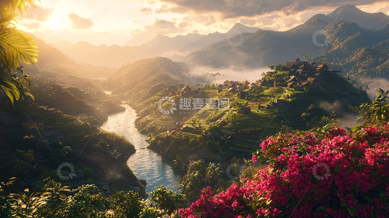 高清大图下载【趣麦麦图】日出山谷河流景色