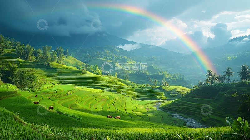 高清大图下载【趣麦麦图】彩虹山峦梯田景色