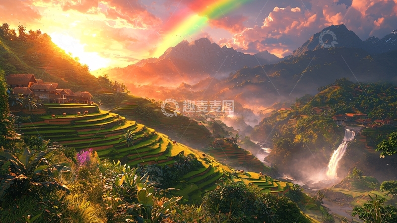 高清大图下载【趣麦麦图】日出彩虹山峦梯田瀑布