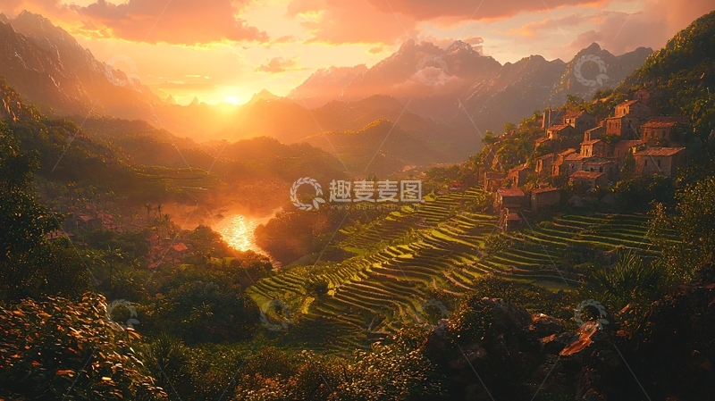 高清大图下载【趣麦麦图】夕阳西下山村景色