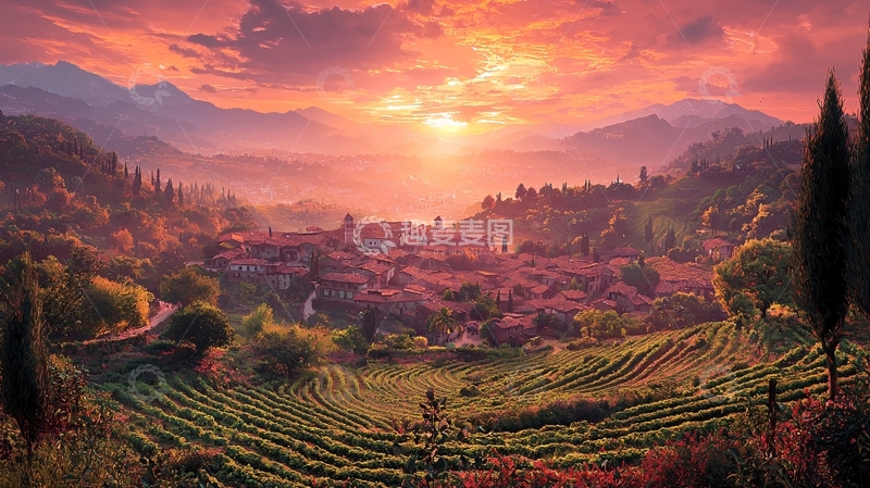 高清大图下载【趣麦麦图】日出山谷小镇风景