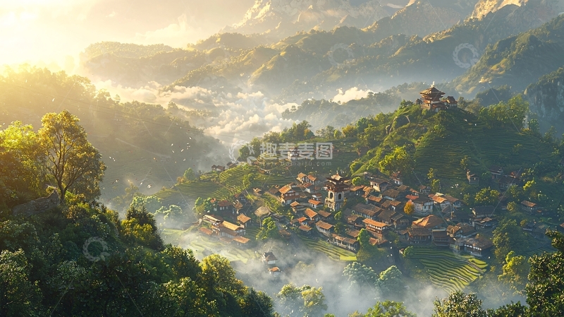高清大图下载【趣麦麦图】山峦环抱的清晨村庄