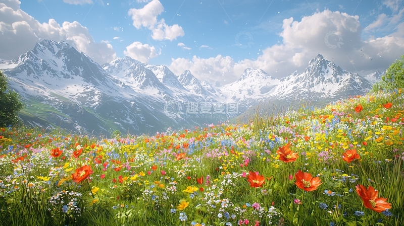 高清大图下载【趣麦麦图】雪山花海