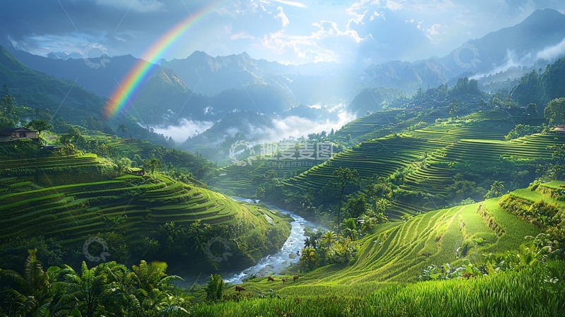 高清大图下载【趣麦麦图】彩虹山峦田园风光