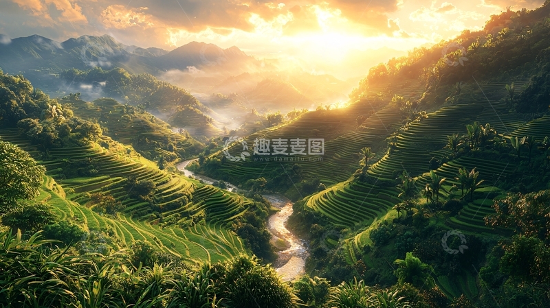 高清大图下载【趣麦麦图】日出山谷河流梯田