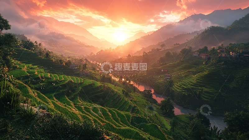 高清大图下载【趣麦麦图】日落下的梯田美景
