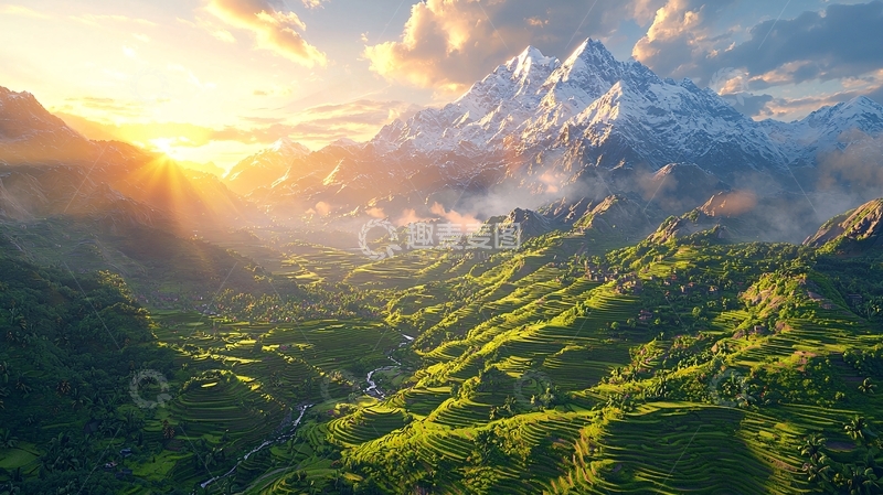 高清大图下载【趣麦麦图】日出雪山梯田美景