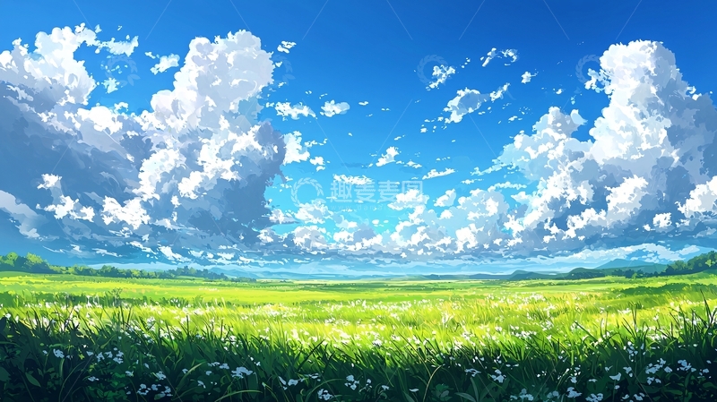高清大图下载【趣麦麦图】蓝天白云下的绿色草原