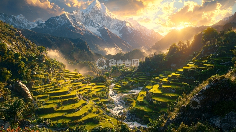 高清大图下载【趣麦麦图】日出雪山梯田景色