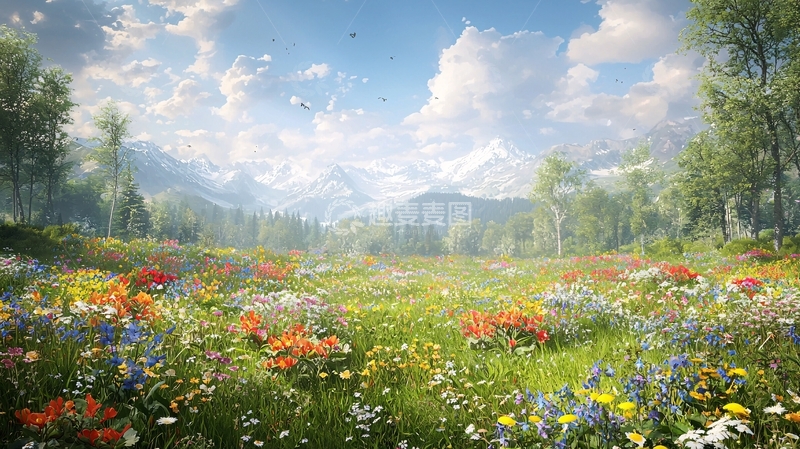 高清大图下载【趣麦麦图】山峦环绕的野花盛开的草原
