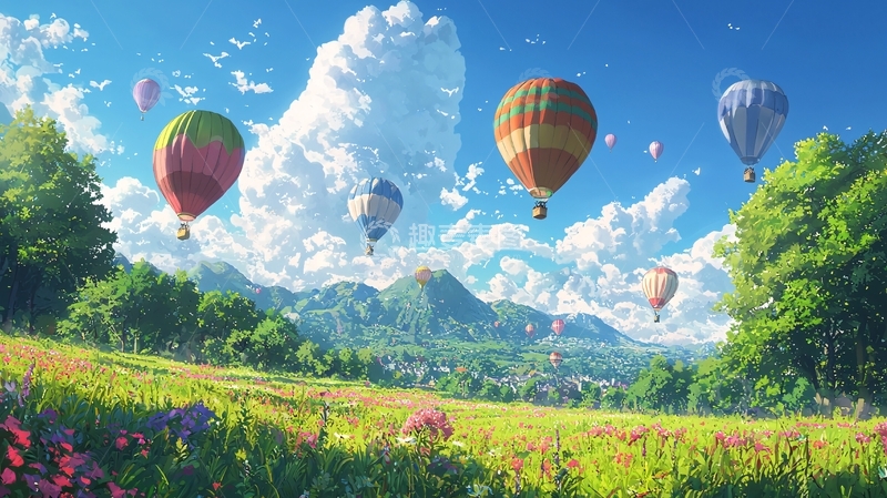 高清大图下载【趣麦麦图】热气球飞过田园风光