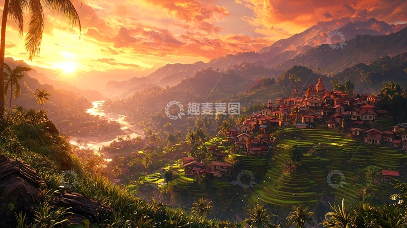 高清大图下载【趣麦麦图】火烧云下的山谷小镇