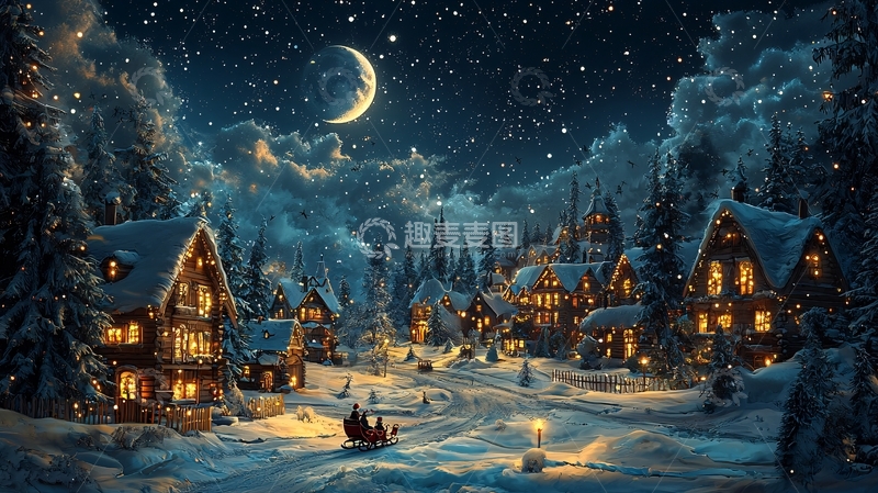 高清大图下载【趣麦麦图】冬夜雪景小镇
