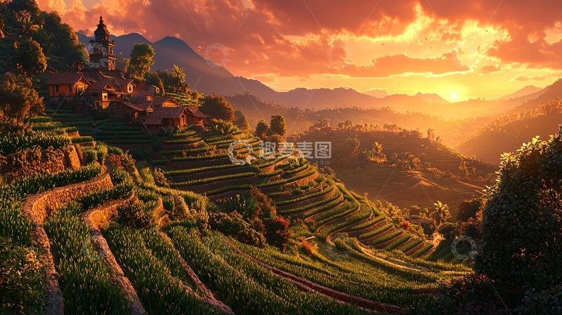 高清大图下载【趣麦麦图】田园风光日落村庄