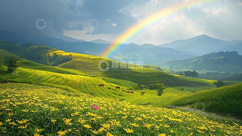 高清大图下载【趣麦麦图】彩虹山峦田园风光