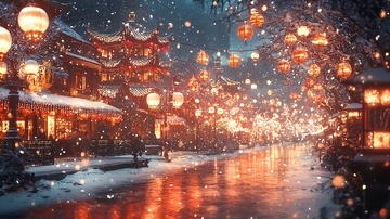 冬夜雪景古镇红灯笼
