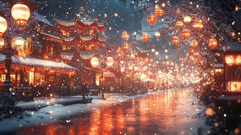 高清大图下载【趣麦麦图】冬夜雪景古镇红灯笼