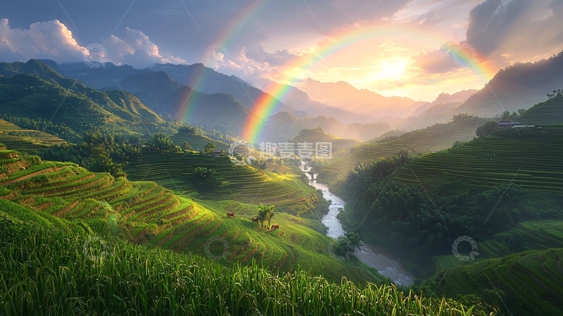 高清大图下载【趣麦麦图】田园风光与双彩虹