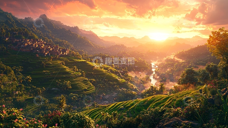 高清大图下载【趣麦麦图】日出山谷田园风光