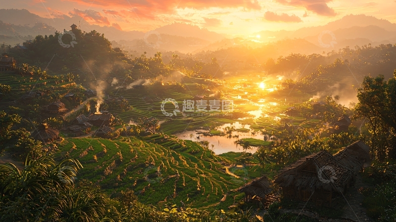 高清大图下载【趣麦麦图】日落山谷田园风光