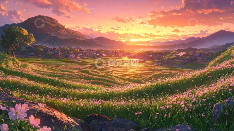 高清大图下载【趣麦麦图】夕阳下的田园风光