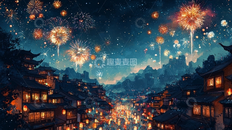 高清大图下载【趣麦麦图】夜空中绽放的烟花与古镇