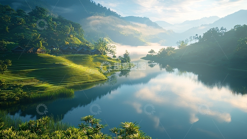 高清大图下载【趣麦麦图】清晨山谷湖泊倒影