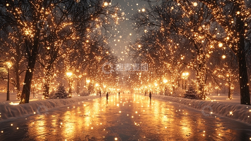 高清大图下载【趣麦麦图】冬夜雪景浪漫街道灯光