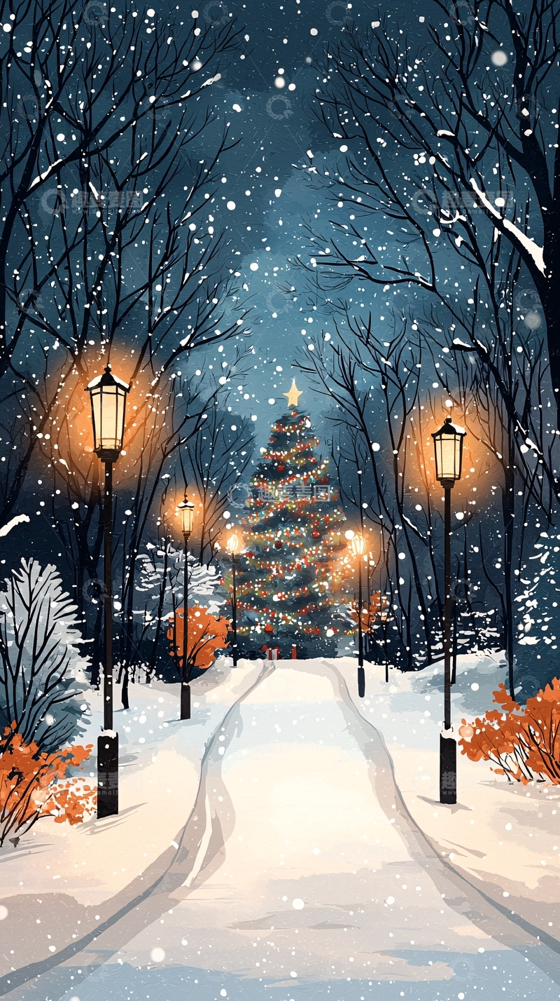 高清大图下载【趣麦麦图】下雪的圣诞树街道