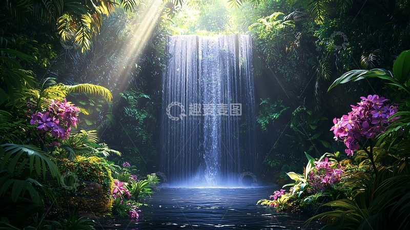 高清大图下载【趣麦麦图】阳光森林瀑布