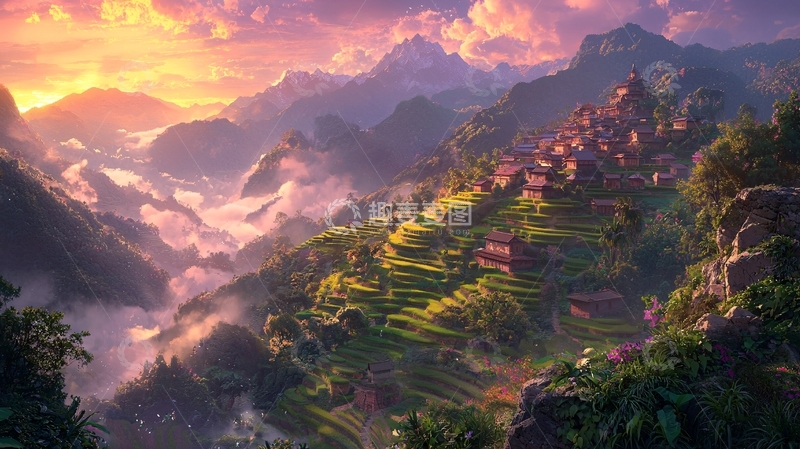 高清大图下载【趣麦麦图】云海山峰日落村庄