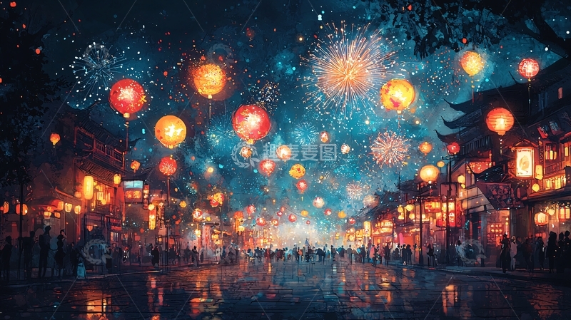 高清大图下载【趣麦麦图】夜空烟花古镇夜景