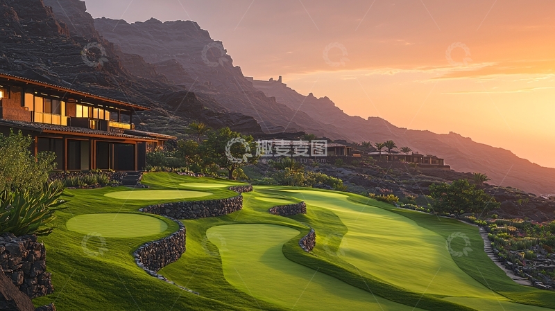 高清大图下载【趣麦麦图】山峦日落高尔夫别墅