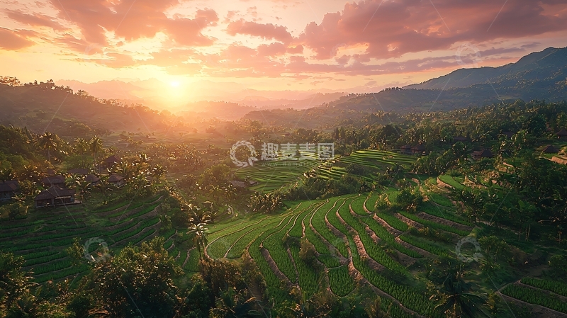 高清大图下载【趣麦麦图】日出山峦梯田景色