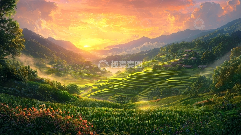 高清大图下载【趣麦麦图】日出山峦梯田美景