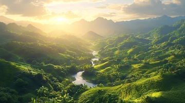 日出山谷河流绿色梯田