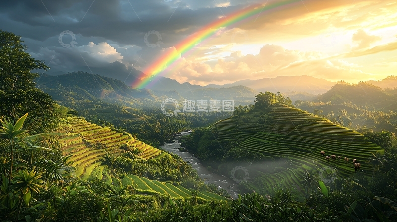 高清大图下载【趣麦麦图】彩虹山峦日落