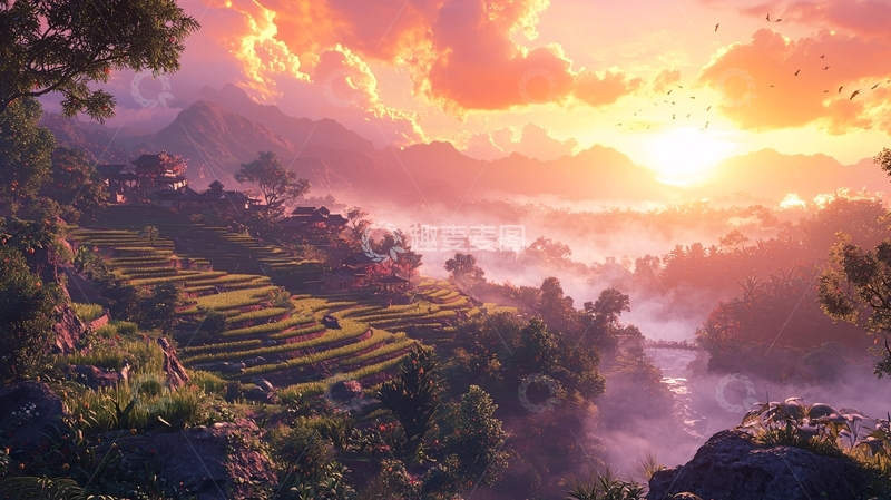 高清大图下载【趣麦麦图】日出山峦梯田美景