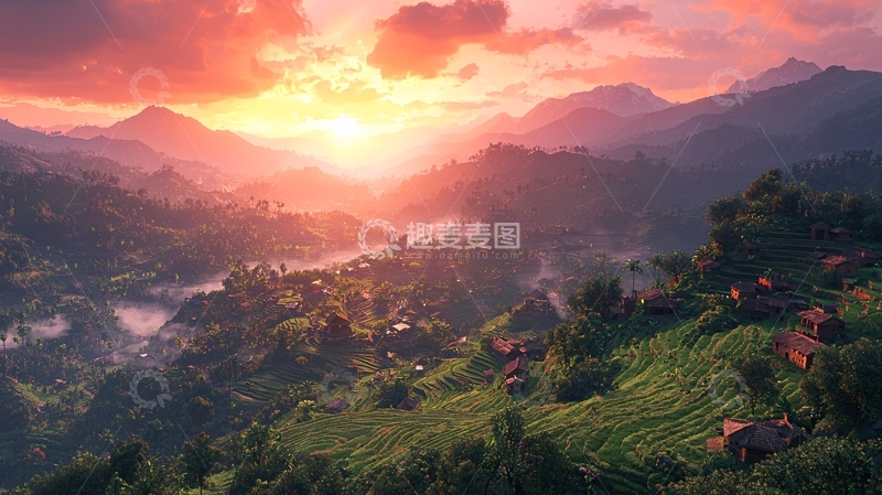 高清大图下载【趣麦麦图】红霞映照山峦村庄