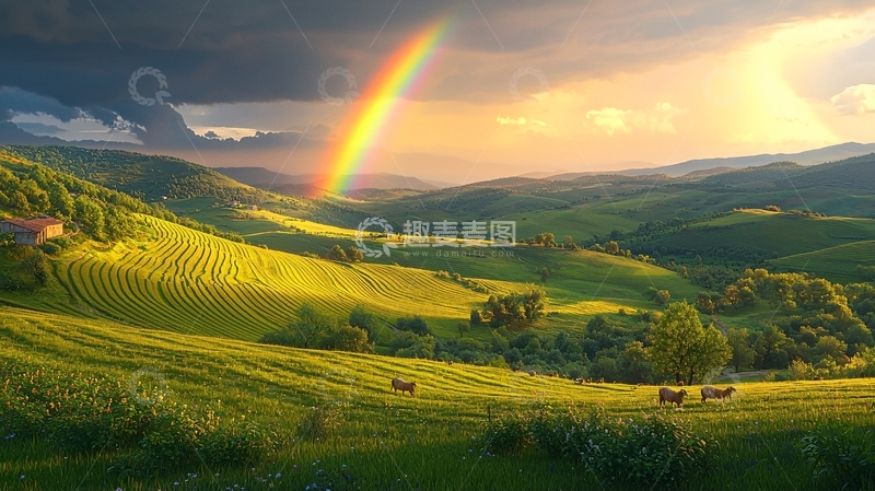 高清大图下载【趣麦麦图】彩虹山峦田园