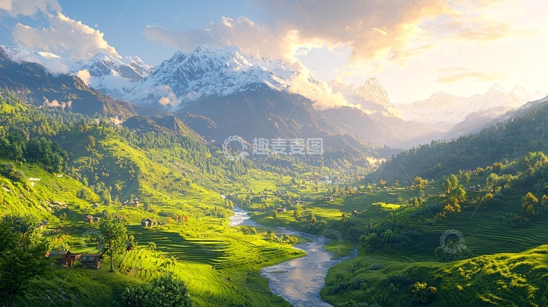 高清大图下载【趣麦麦图】雪山环绕的绿色山谷