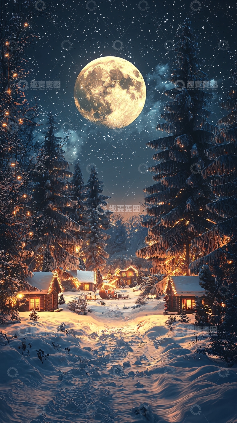 高清大图下载【趣麦麦图】冬夜雪景村庄