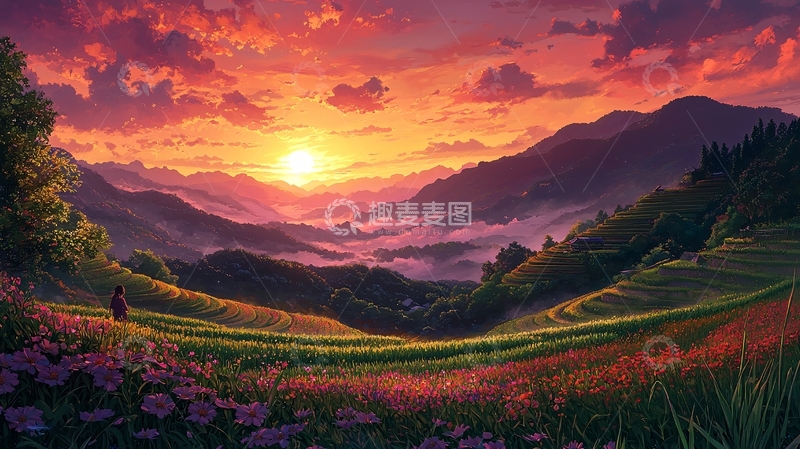 高清大图下载【趣麦麦图】山峦日落花海田园