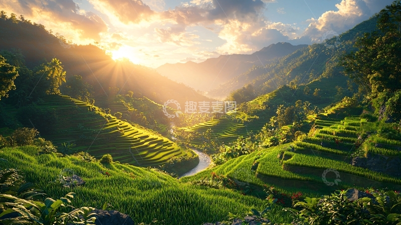 高清大图下载【趣麦麦图】山峦日出梯田美景