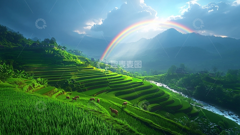 高清大图下载【趣麦麦图】彩虹下的梯田