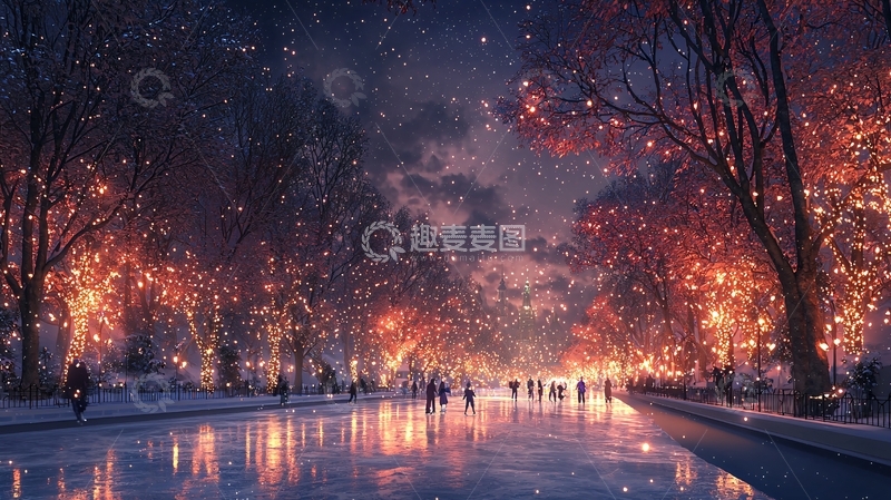 高清大图下载【趣麦麦图】冬夜雪景浪漫灯光