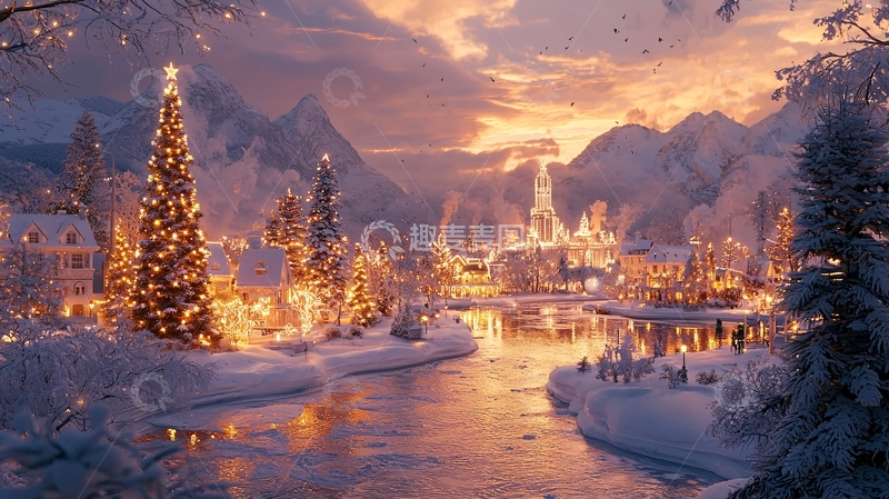 高清大图下载【趣麦麦图】圣诞节雪景小镇夜晚