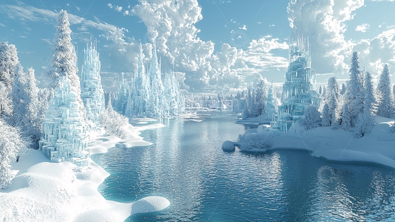 高清大图下载【趣麦麦图】冰雪森林河流风景