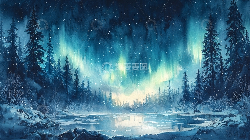 高清大图下载【趣麦麦图】极光森林雪景