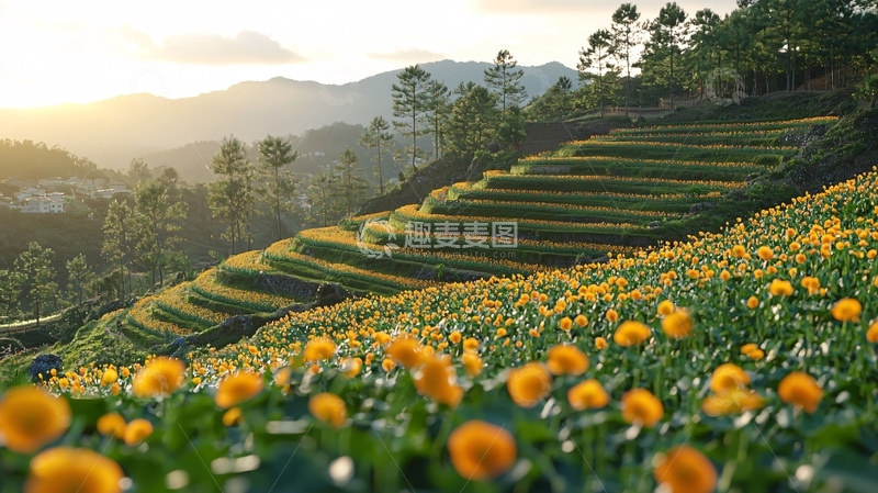 高清大图下载【趣麦麦图】梯田花海日落